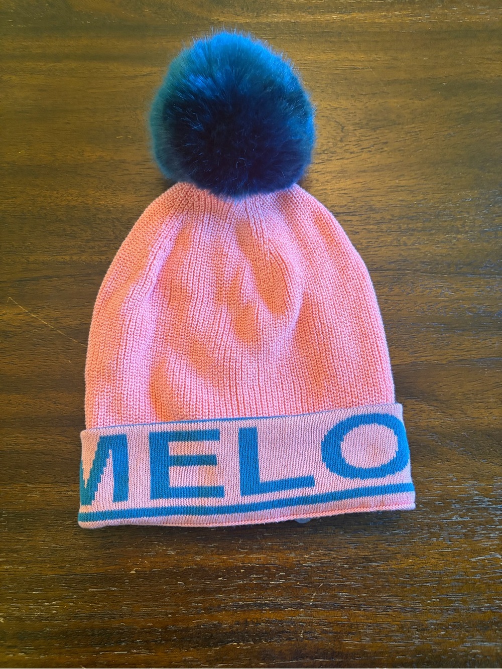 Love Your Melon Pink Blue Logo Pom Pom Beanie 100% Cotton Knit Hat